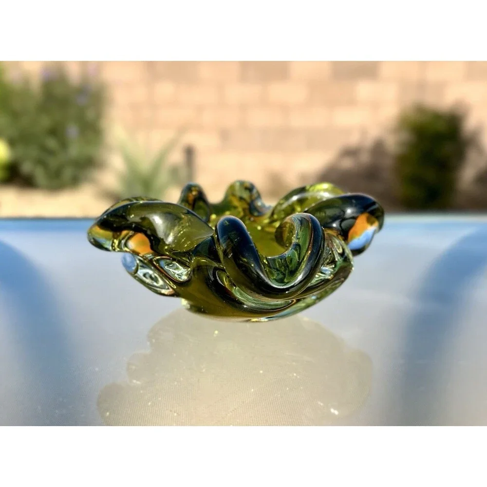 1960s XL Murano Cobalt Green Amber Ashtray/Trinket Dish Designed by Flavio Poli